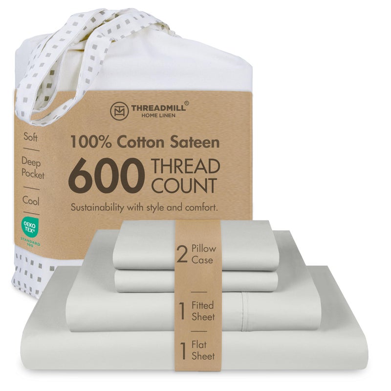 Threadmill 100% Cotton Sheets for King Size Bed - 600 Thread Count King Bed Sheets Set with 16â€ Deep Pocket - Sateen Weave 4-Piece Bedding Set with Cooling Effect, Light Grey - Image 1